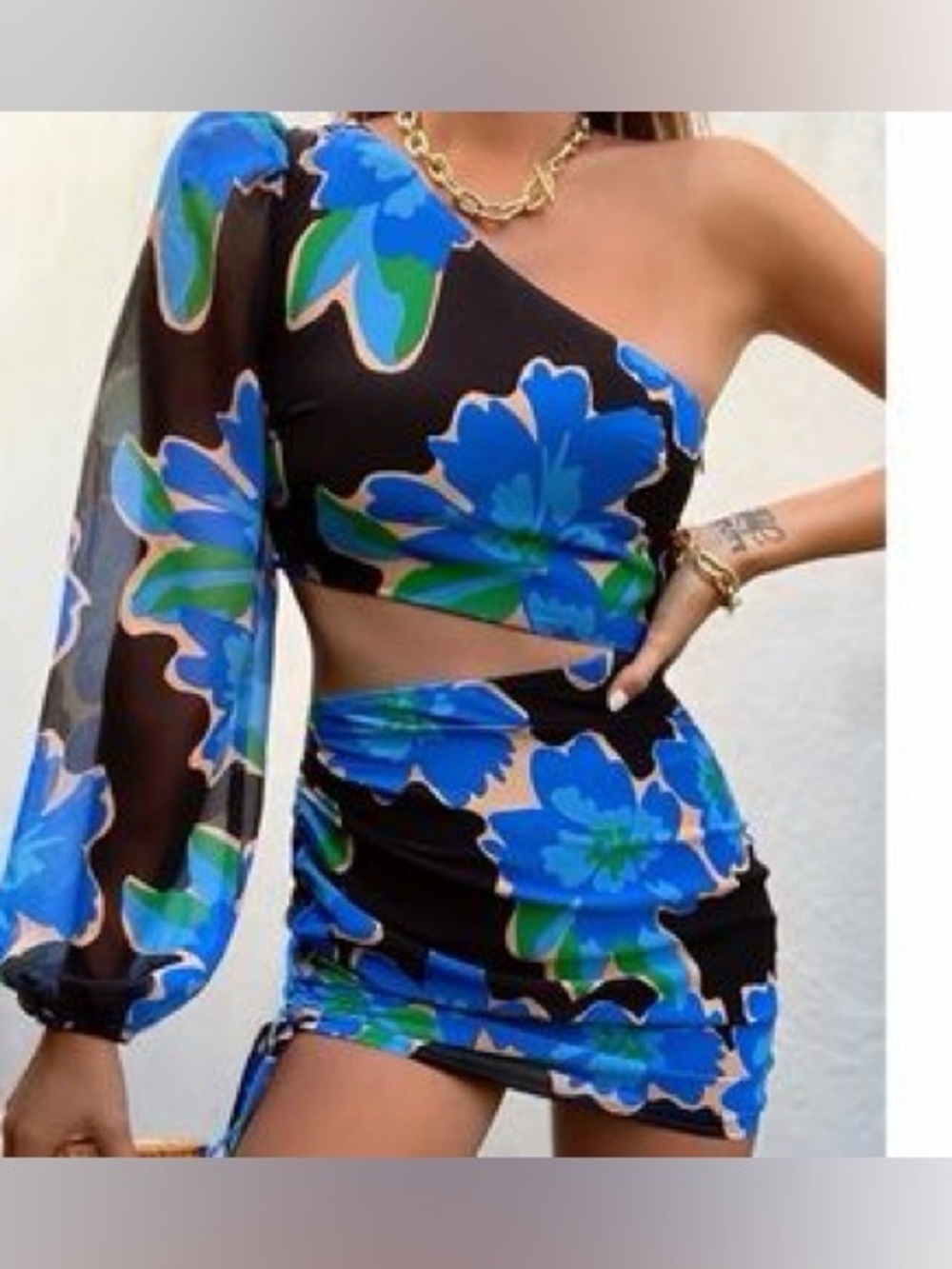 RUNAWAY The Label One-Shoulder Black Mini Dress with Blue Floral Print